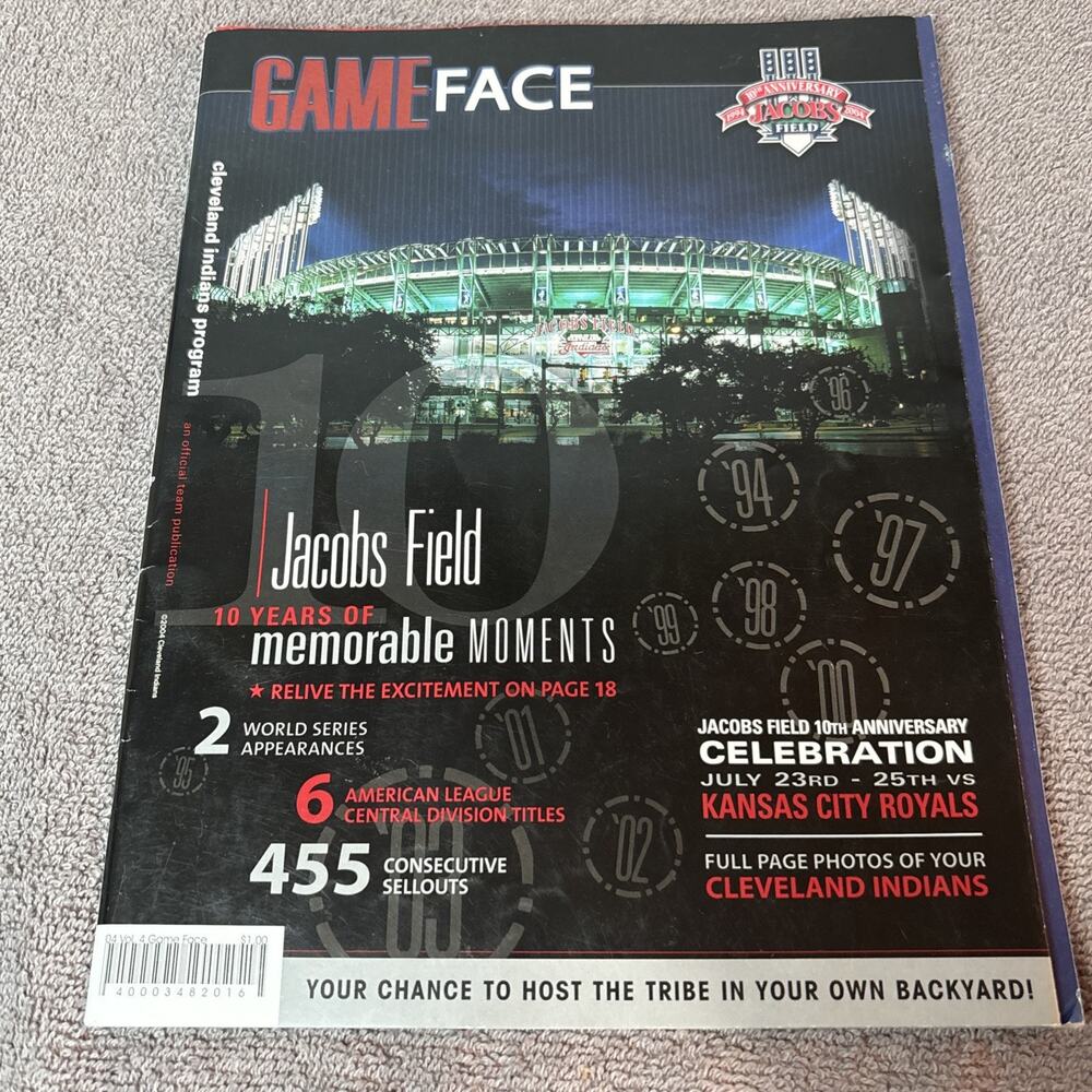 Cleveland Indians Game Face 10th Anniversary July 2004 Roster Program Lineup